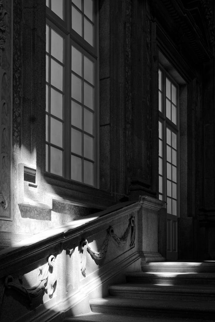 Black and white photo of ornate interior stairs with sunlight filtering through tall windows.